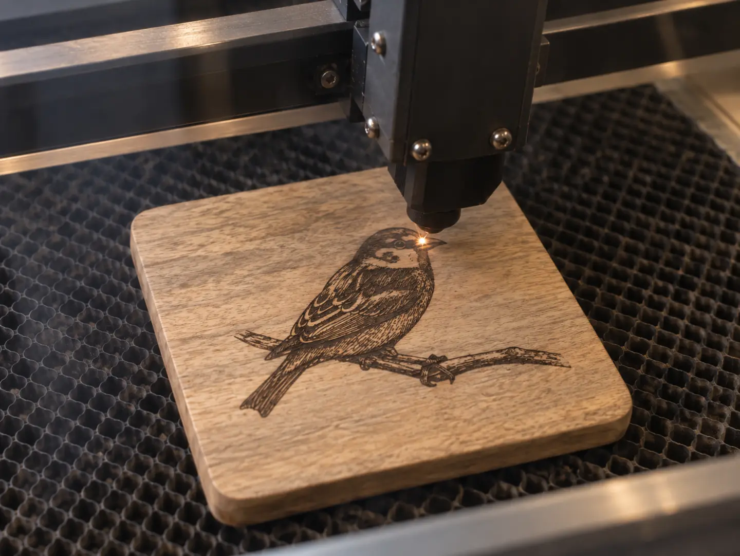 The laser burning a motif into a wooden board (created with AI)