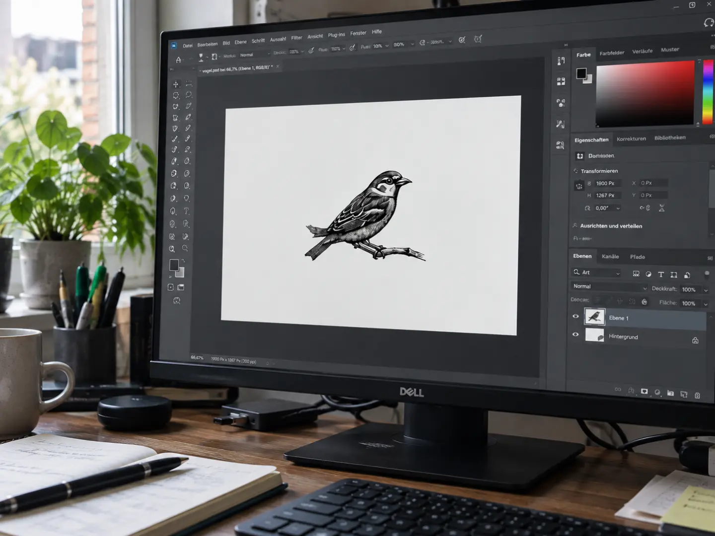 A bird illustration being prepared on the computer (created with AI)