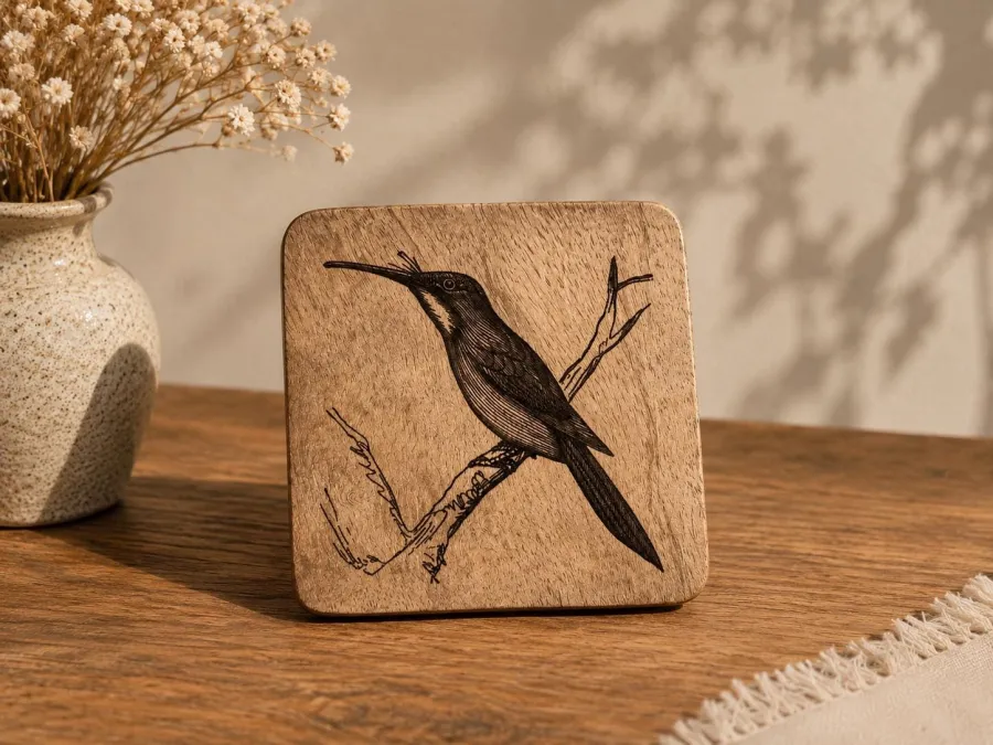 Rotschwanz-Glanzvogel Vogelbild – Auf Mangoholz · 10 × 10 cm (mit KI erstellt)