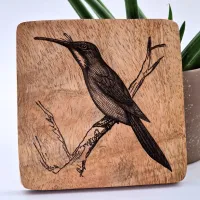Rotschwanz-Glanzvogel Vogelbild – Auf Mangoholz · 10 × 10 cm