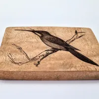 Rotschwanz-Glanzvogel Vogelbild – Auf Mangoholz · 10 × 10 cm