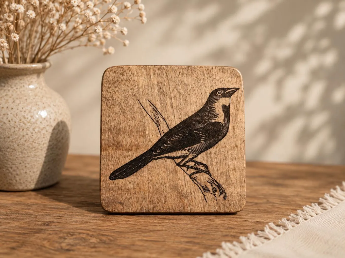 Dickzissel Vogelbild – Auf Mangoholz · 10 × 10 cm (mit KI erstellt)