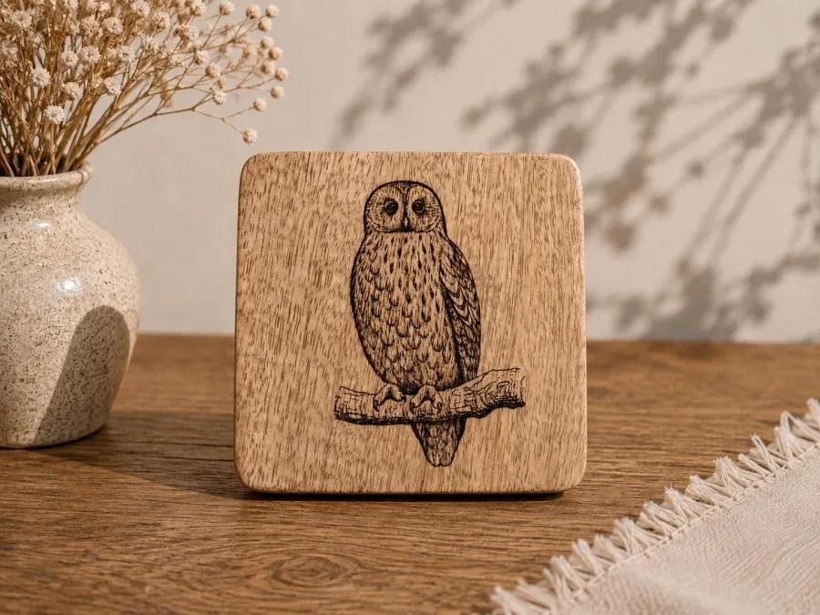 Tawny Owl Wall Art – On mango wood · 10 × 10 cm (created with AI)