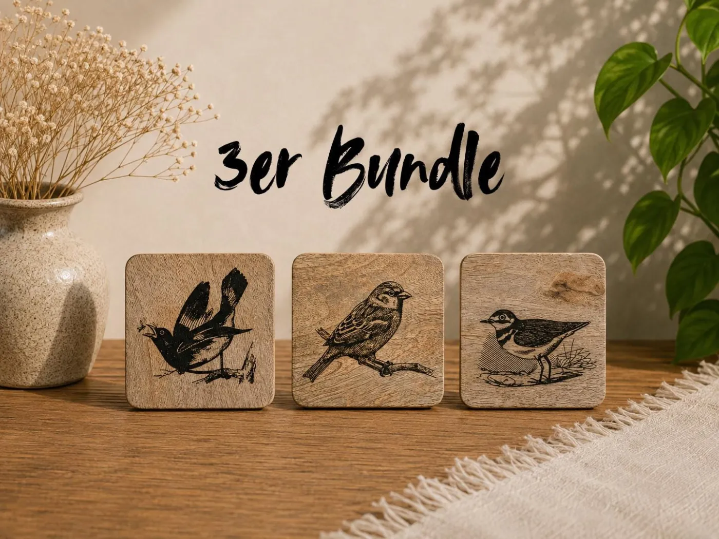 3er-Set Vogelbilder – Auf Mangoholz · 3 Motive nach Wahl, je 10 × 10 cm (mit KI erstellt)