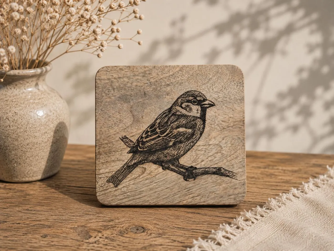 Sparrow Wall Art – On mango wood · 10 × 10 cm (created with AI)