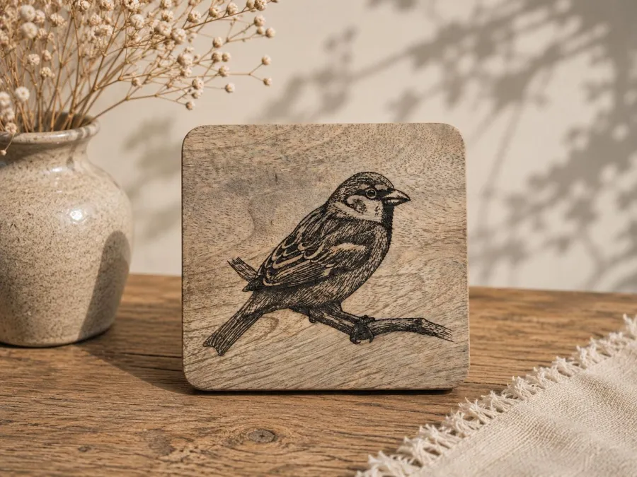 Sparrow Wall Art – On mango wood · 10 × 10 cm (created with AI)