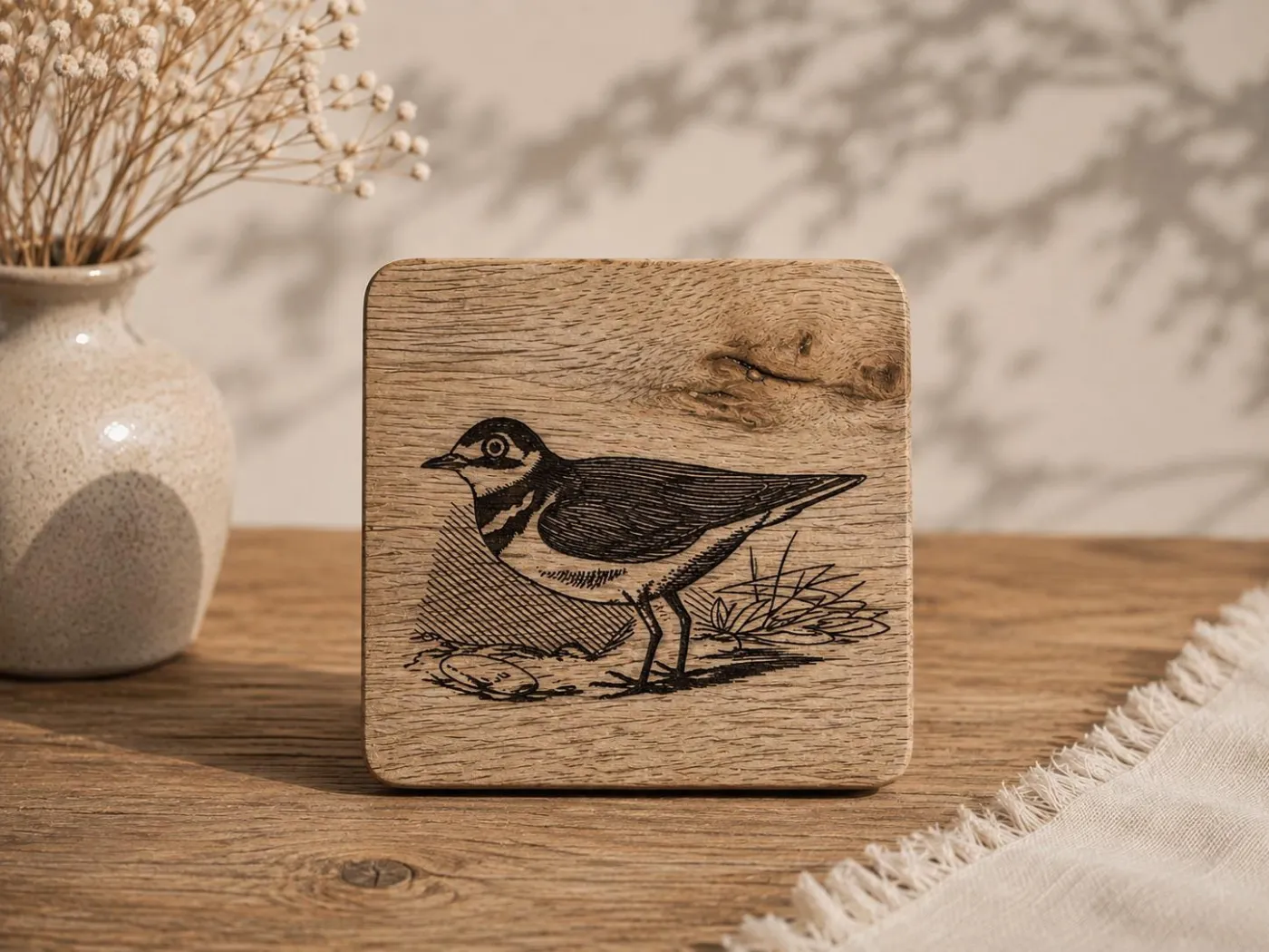 Plover Wall Art – On mango wood · 10 × 10 cm (created with AI)