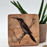 Rotschwanz-Glanzvogel Vogelbild – Auf Mangoholz · 10 × 10 cm