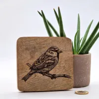 Sparrow Wall Art – On mango wood · 10 × 10 cm