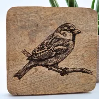 Sparrow Wall Art – On mango wood · 10 × 10 cm