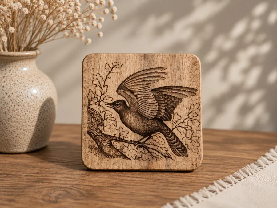 Blauhäher Vogelbild – Auf Mangoholz · 10 × 10 cm (mit KI erstellt)